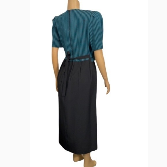 80s Miss Dorby DressTie Back Midi Black Green striped short sleeves size 10 - Picture 4 of 15